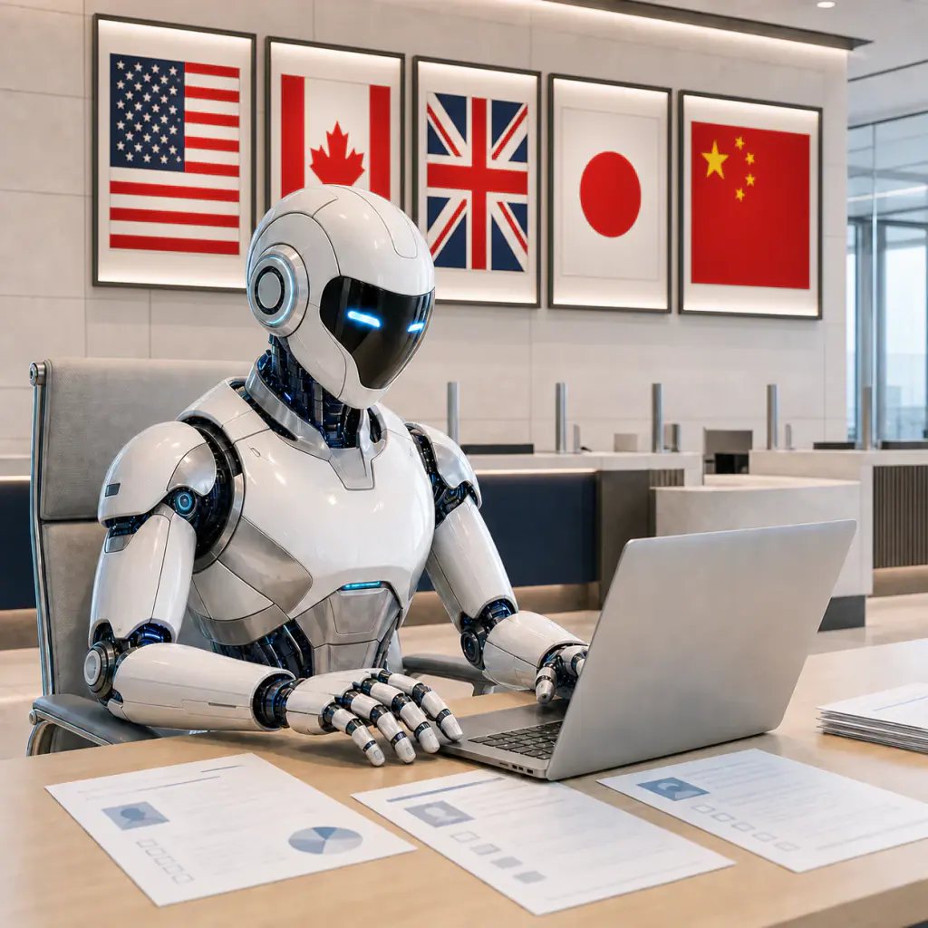 Robot tecnológico trabajando con una computadora portátil en una oficina con las banderas de Estados Unidos, Canadá, Reino Unido, Japón y China